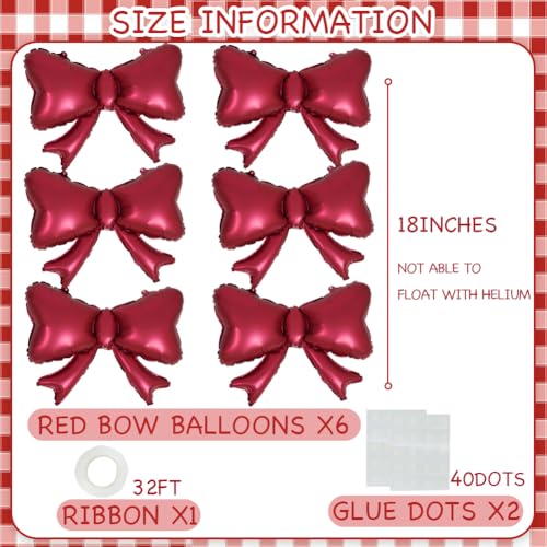Image of 6 Pieces Bow Balloons, Red Matte Metallic Foil Bowtie Balloon, Big Burgundy Bow Balloons for Women Birthday Party, Wedding Bridal Shower, Valentine's Day Party, Balloon Garland Accessories
