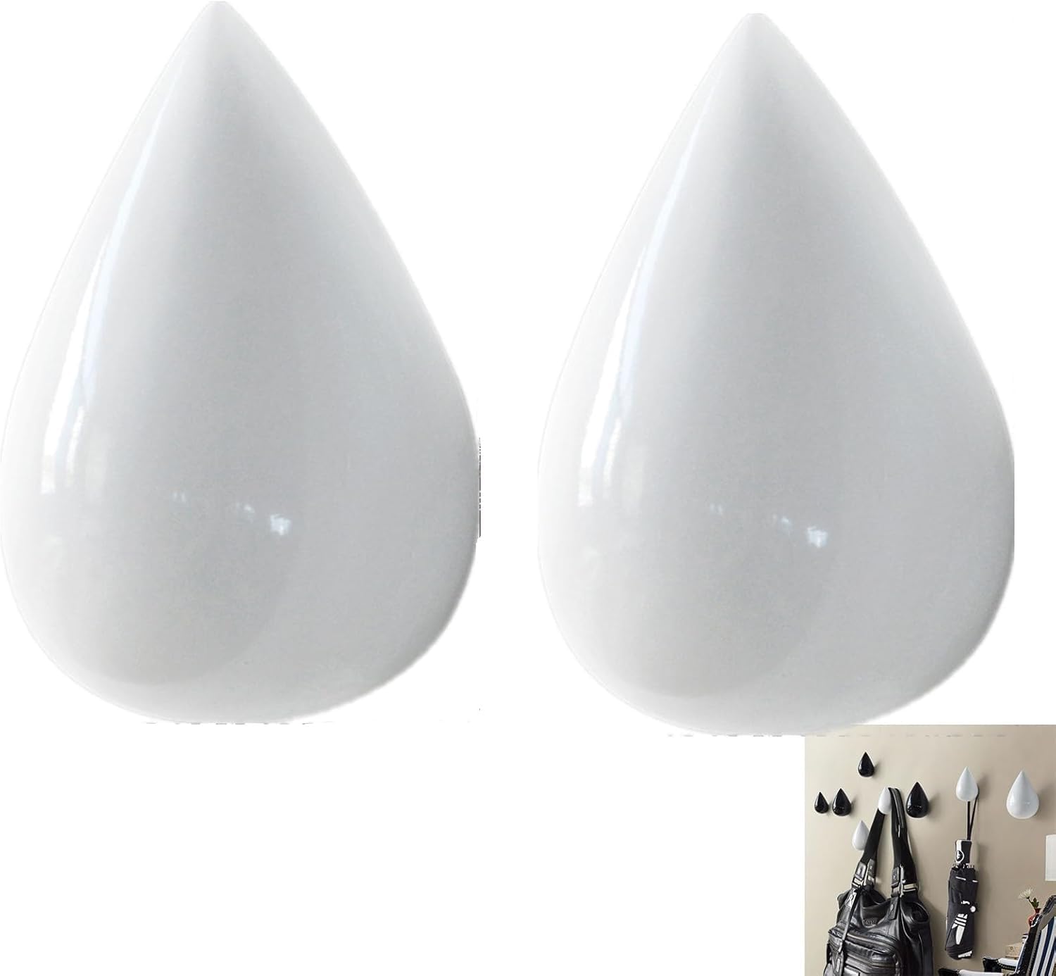 MOPAHCVT Clothing Racks Coat Hooks, 2-Piece Set of Teardrop-Shaped Wall-Mounted Hangers(White H95mm)