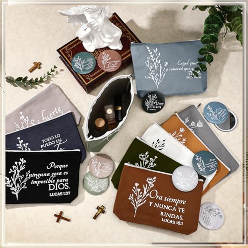 Kacctyen 10 Sets Spanish Christian Bulk Mother's Day Church Gifts Bible Verse Makeup Bags and Compact Mirror Regalos Cristianos Para Mujer En Español Canvas for Women (Boho Color) 10 pieces