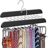 RESOVO Upgraded Tie Rack Hanger with 20 Foldable Metal Hooks, Space Saving Necktie Organizer for Men – Large Capacity Tie and Belt Wooden Hanger for Closet - Black 2 Pack