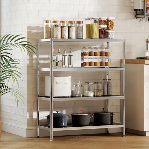 HOMCOM 4-Tier Bakers Rack with Storage, Stainless Steel Microwave Stand with Adjustable Shelves for Small Spaces, Kitchen Storage Unit for Spices, Pots and Pans, Silver Tone