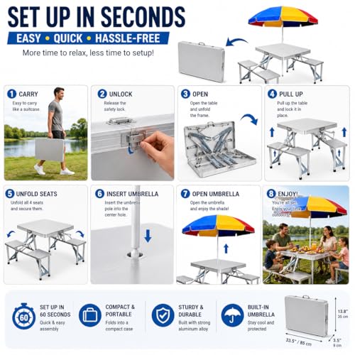 Image of Picnic Table Heavy Duty Aluminium Portable Folding Camp Suitcase Picnic Table and 4 Chairs Set with Umbrella (T1)