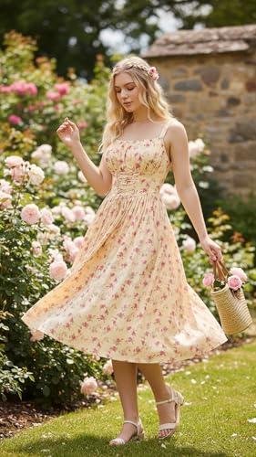 Scarlet Darkness Floral Dress for Women 2026 Corset Milkmaid Dresses Casual Summer Sundress with Pockets Yellow Red XL — view 3
