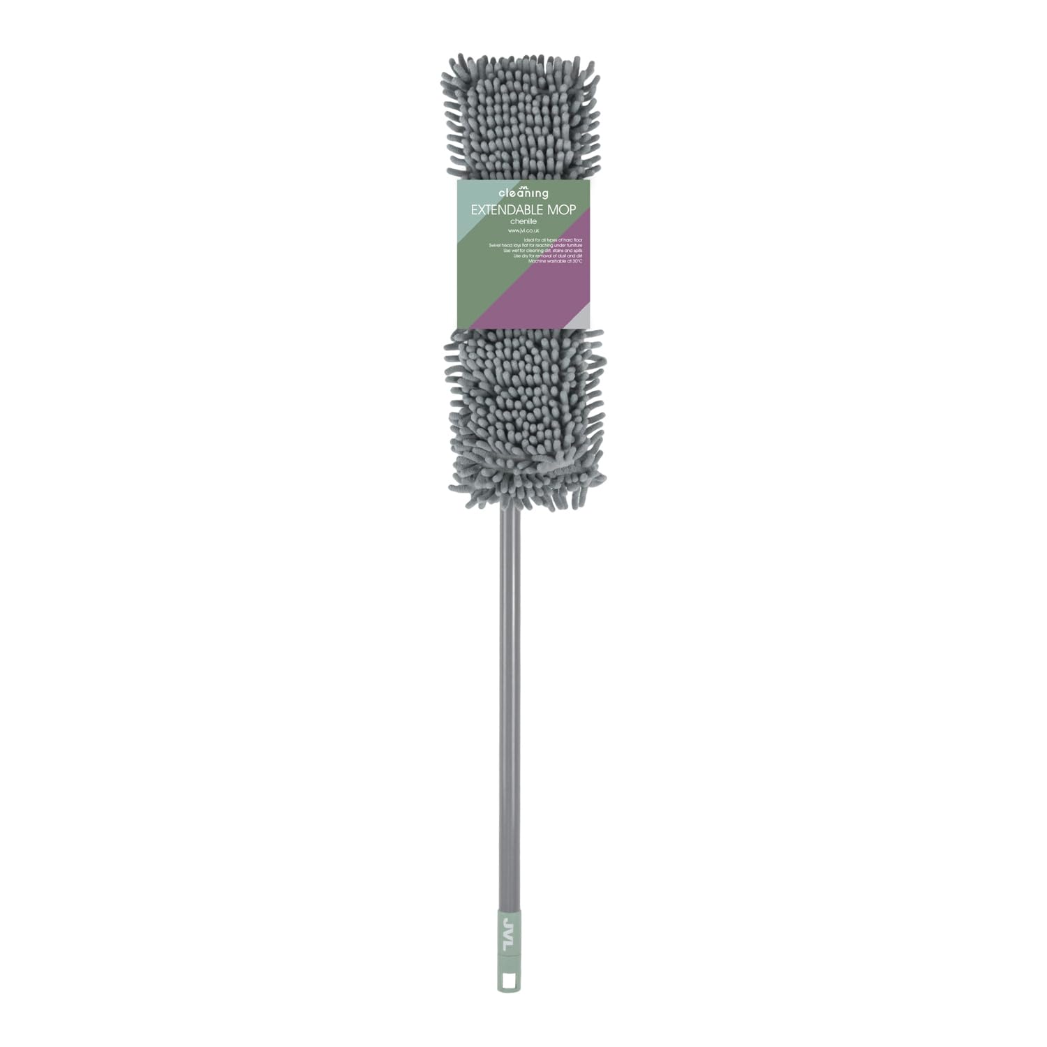 JVL Extendable Chenille Mop – Flat Floor Cleaner with Long Handle – Machine Washable Microfibre Cleaning Head – Grey