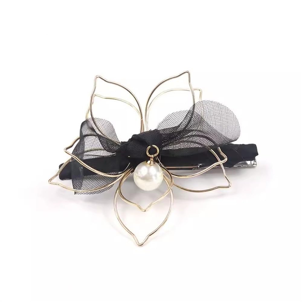 Fermaglio for capelli laterale da donna con fiori in organza, fermagli for capelli laterali,Fermagli per capelli con fiori e piume(Black)