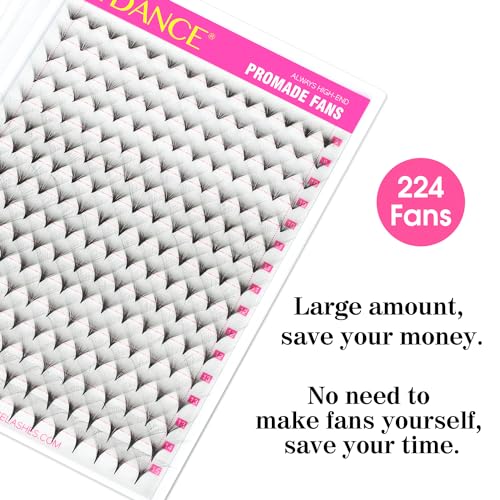 TDANCE Premade Fans Eyelash Extensions 224 Fans Pre Made Fans Lash Extensions Middle Stem Heat Bonded Premade Lash Fans Volume Lash Extensions(224-40D-0.03-D-8-15mm)
