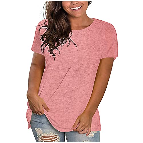 Tallas Grandes Camiseta Manga Corta Mujer, Moda Color Sólido Verano Cuello Redondo Corte Suelto Pullover T-Shirt Multicolor Blusas 2024