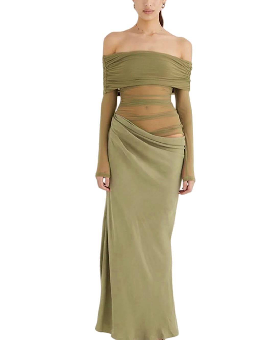 Robe Femme Sexy Maxi Robes Moulante à Manches Longues Élégante Épaule Dénudée Robe Longue en Maille Transparent Bodycon Plissé Robes de Soirée Cocktail Party Fête Club Nuit Bal Mariage