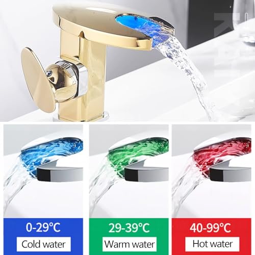 Grifo de lavabo de baño con boquilla de cascada de luz LED que cambia de 3 colores, material de latón, hidropotencia, diseño de un agujero para cocina, lavandería húmeda y cámper
