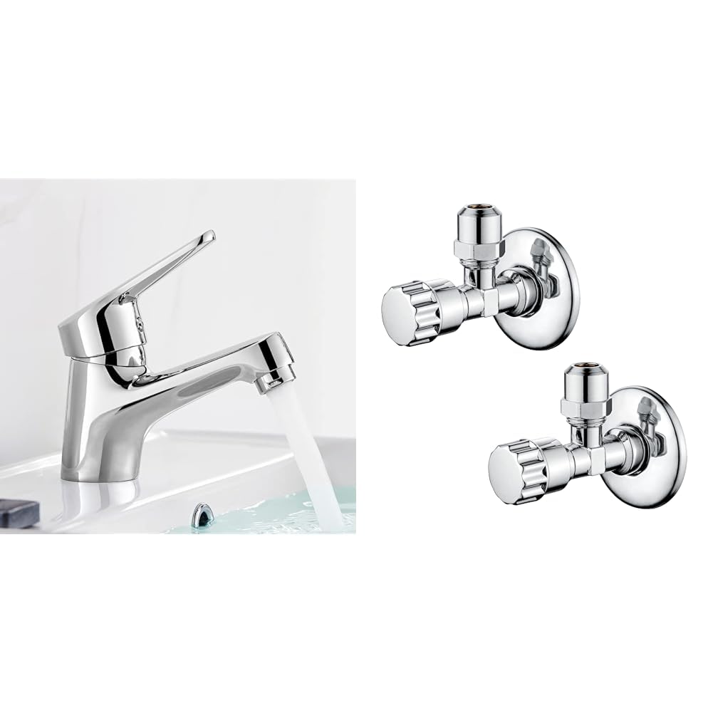 Ibergrif M11050 Waschtischmischer, niedriger Auslauf & Eckventil 1/2 zoll Wandanschluss, 3/8 zoll Schlauchanschluss, Selbstdichtend, Chrom, 2-teilig/Box Silber