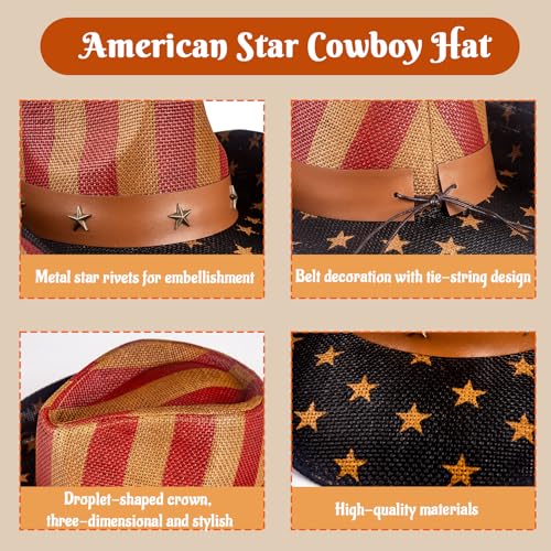 Image of Evankin American Flag Hat, USA Western Cowboy Hat on July 4th | American Flag Hat, 4th of July Patriotic Hat,USA Western Cowboy Hat, Straw Weaving Star,Summer Sunhat for Men and Women