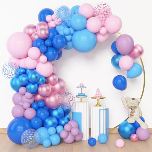 Image of Amandir 153pcs Pink and Blue Balloon Arch Garland Kit Different Sizes | 18 12 10 5 inch Pastel Blue Pink Purple Confetti Balloons for Boys Girls Shower Pool Summer Party Gender Reveal Decorations