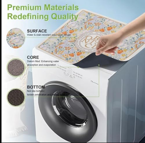 Image of HomeCloud Washing Machine Protective Mat for Top of Washer and Dryer - Non-Slip Waterproof Dust Cover for Laundry & Kitchen (60 x 60) (Beige Botanic)