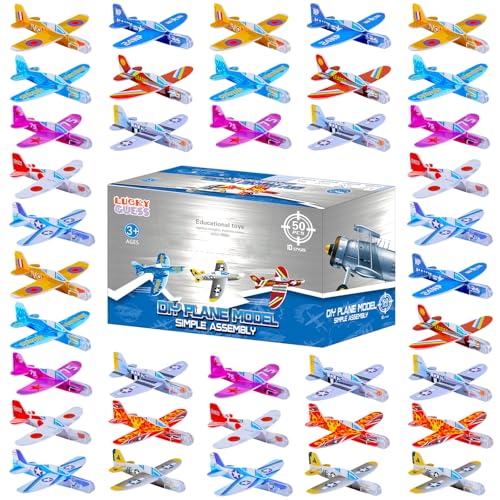 LUCKY GUESS Foam Gliders Planes Toys, Paper Airplane, Assorted Colors, Easy Assembly, Perfect for Party Favors & Classroom Prizes, Outdoor Flying Toys for Kids Boys and Girls (50 Pcs Foam Airplane)
