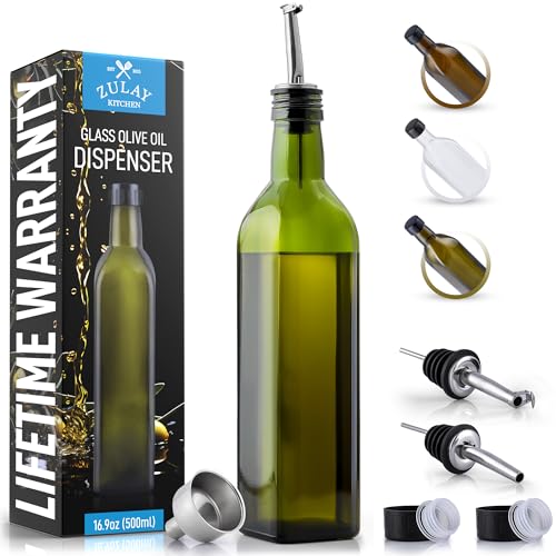 Zulay Kitchen 17oz Olive Oil Dispenser Bottle – Glass Oil Cruet with Spout, Funnel & Pourers, Easy-Pour Decanter for Kitchen Cooking and Serving (Green)