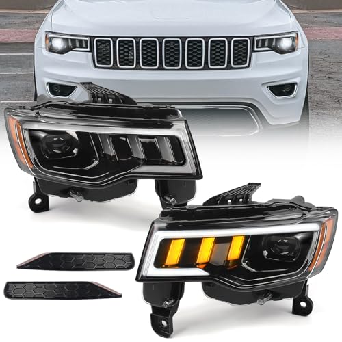 FIONE LED Headlights Assembly Compatible with Jeep Grand Cherokee 2014-2021 [Only Fit HALOGEN Model] 1 Pair Projector Headlamps with Bulbs and Ballasts Passenger Driver Side RH LH