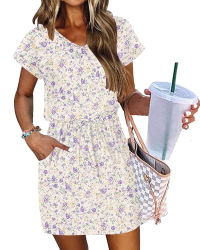 Image of AUSELILY Womens Summer Mini Dress, Short Sleeve V Neck Drawstring Casual | Soft smooth drape with an adjustable drawstring waist for beach, casual outings and daily wear
