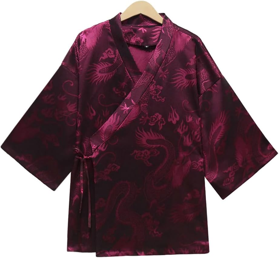 HZCX FASHION Cardigan Kimono for Men Black Silk Satin Robe Mens Lightweight Traditional Hanfu Silky Chinese Dragon Shirt