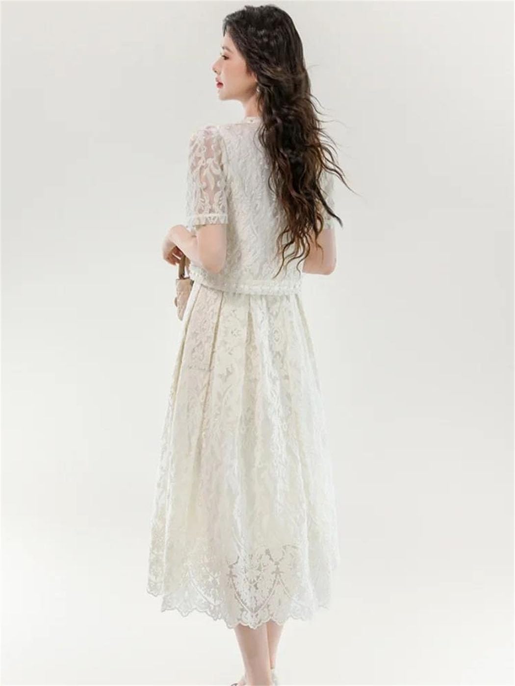 Women's Spring Set Embroidered O-Neck Shirt with High Waist Lace Skirt