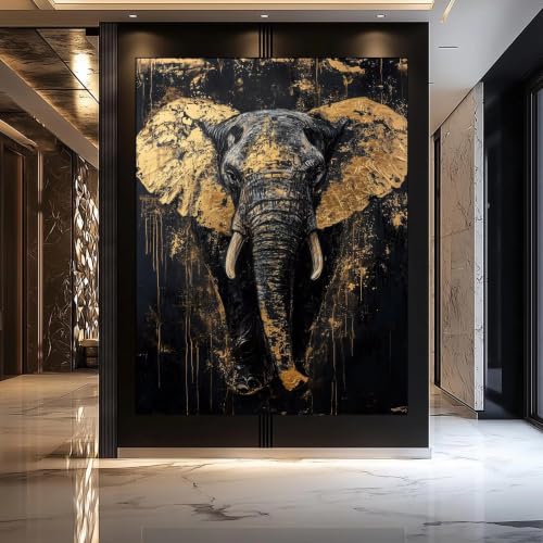 Tableau sur toile Éléphant Noir et Or, décoration abstraite moderne affiche animalière 40x60