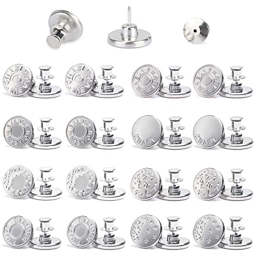 16 Sets Button Pins for Jeans,JASSINS Upgraded 17mm Replacement Jean Buttons,Adjustable Perfect Fit Jean Button Detachable No Sew Metal Button Extend or Reduce Pants Waist Size(Silver White))