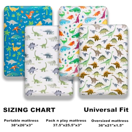 4 Pack Baby Boy Pack N Play Mini Crib Sheets Soft Fitted Baby Boy Mattress Covers Construction Truck or Dinosaur Theme Breathable Toddler Sheets for Infant (Dinosaur, Pack N Play Mini Crib Sheets)