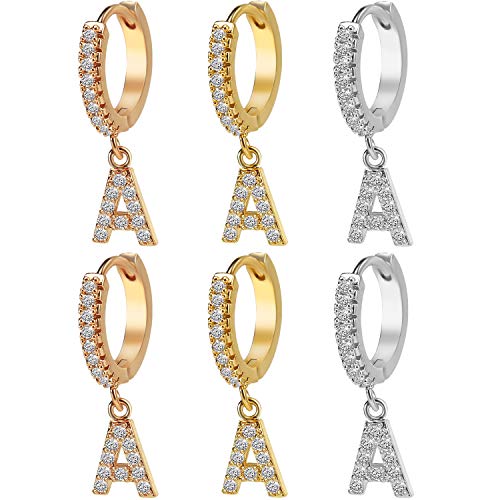 3 Pairs Initial Hoop Earrings 14K Gold Plated Cubic Zirconia Huggie Hoop Letter Earrings Silver Rose Gold Hypoallergenic Small Alphabet A-Z Initial Earrings for Women Teen Girls (A)