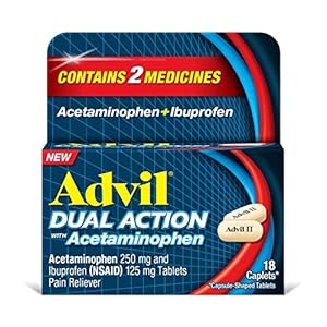 Advil Dual Action with Acetaminophen combination of 250mg Ibuprofen and 500mg Acetaminophen Coated Caplets for 8 hours of pain relief 18 Caplets, 5.41 Fl oz