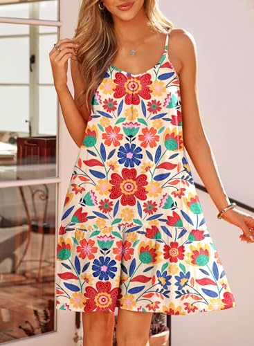 Image of Dokotoo Summer Dresses for Women 2026 Spaghetti Strap Sexy Deep V Neck Smocked Ruffle Flowy Boho Dresses
