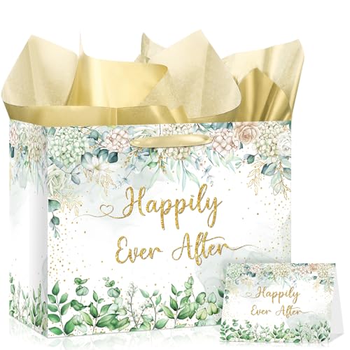 Wedding Gift Bag Bridal Shower Wrapping Paper Bag with Tissue Paper and Greeting Card Sage Green Wedding Wrapping Paper Engagement Gift Bag for Bride to Be Anniversary Engagement Gifts for Bride