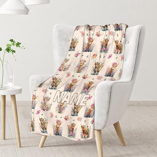 Mercuryelf Custom Highland Cow Throw Blanket - Soft, Fuzzy & Warm - 40x50 Inches Flannel Blankets for Travel, Office - Beige Cute Throws Gift for Kids