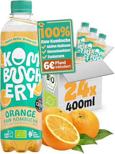 KOMBUCHERY® Orange Raw Kombucha BIO | 24 x 400ml | Fermentierter Tee mit aktiven Darm-Kulturen | Zuckerarm & Kalorienarm | Unpasteurisiert, PrioBiotic, Vegan, Testsieger | inkl. 6€ PFAND