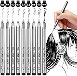 YUANCHENG Precision Micro-Line Pens, Set of 9 Black Micron Fineliner Ink Pens, Waterproof Archival Ink, Multiliner, Sketching, Anime, Artist Illustration, Technical Drawing，Art Watercolor