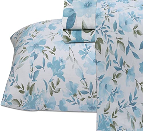 Ruvanti 100% Cotton Bed Sheets , 4 Pcs Bed Sets , Queen Sheets Blue & Green Floral Satin Sheets , Soft, Breathable, Deep Pocket Cooling Bedding Sheets Set include 1 Flat , 1 Fitted Sheet, 2 Pillowcase