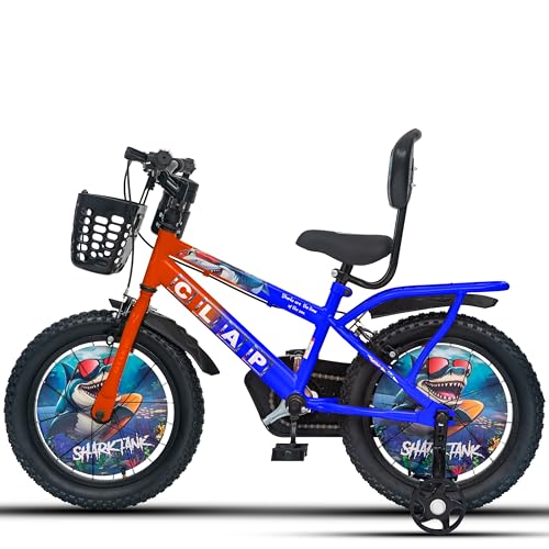 Image of Shark Tank 16T Kids Bicycle for Boys & Girls with Inbuilt Carrier, Front Basket, PU Soft Seat, Full Chain Cover & Stylish Wheelcards (Orange /Blue)
