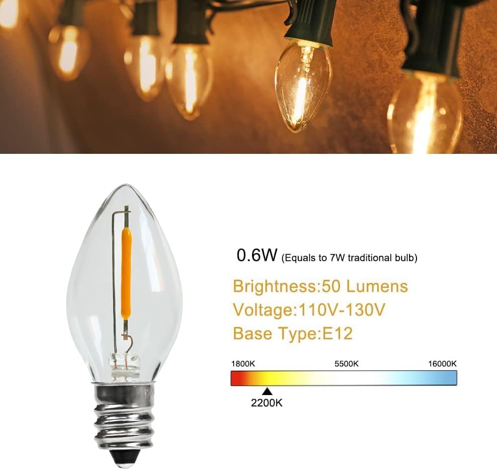 KGC 25Pack C7 LED Christmas Light Bulb, E12 Base LED Bulbs, 0.6W 2200K Warm White 50LM, Clear Plastic Night Lights C7 Replacement Bulbs for Christmas String Lights. - Image 4