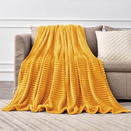 Image of BEDELITE Fleece Throw Blanket for Couch - 3D Ribbed Jacquard Soft and Warm Decorative Fuzzy Blanket - Cozy, Fluffy, Plush Lightweight Mustard Yellow Throw Blankets for Bed, Sofa, 50x70 inches
