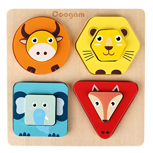Coogam Wooden Animal Sorting & Stacking Toys, Shape Color Recognition Blocks Matching Puzzle, Fine Motor Skill Educational Preschool Learning Board Game Gift for Toddler Age Year Old