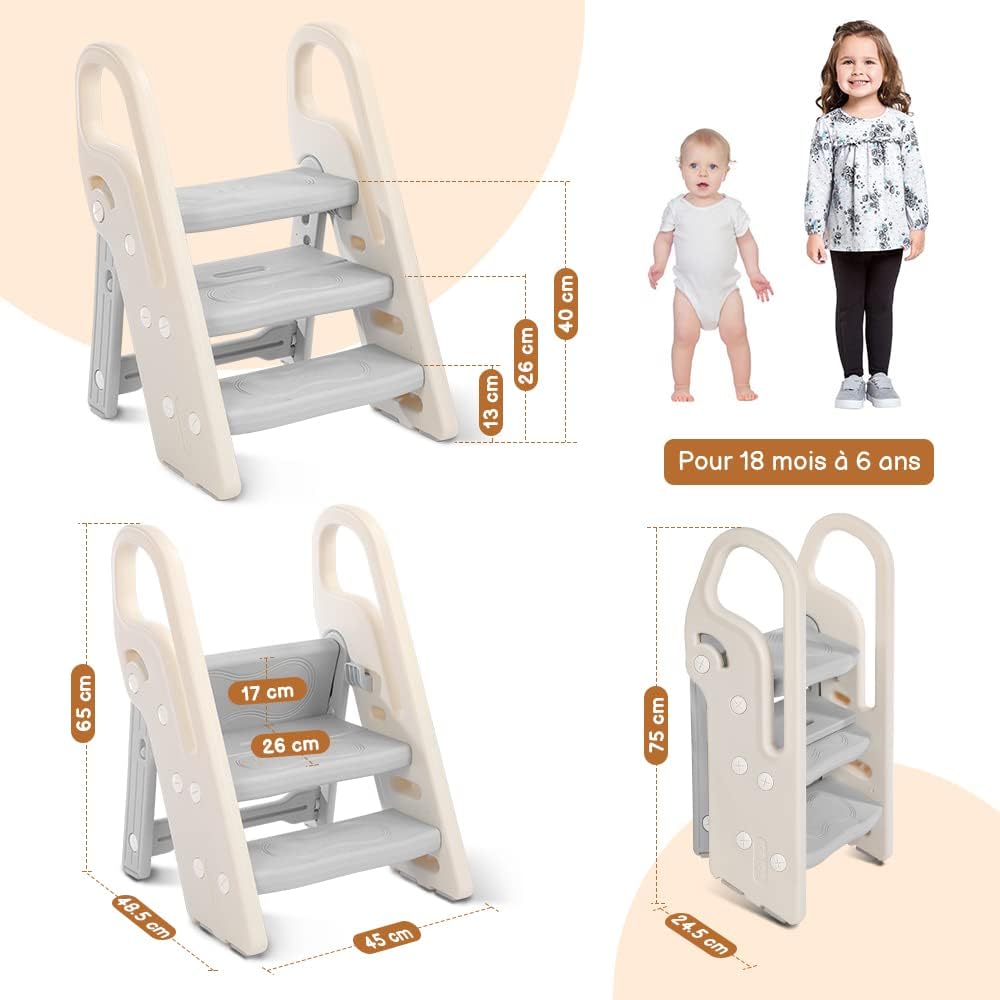 Onasti Marche Pied Pliable Enfant 3 Marches Hauteur réglable Antidérapant Gris