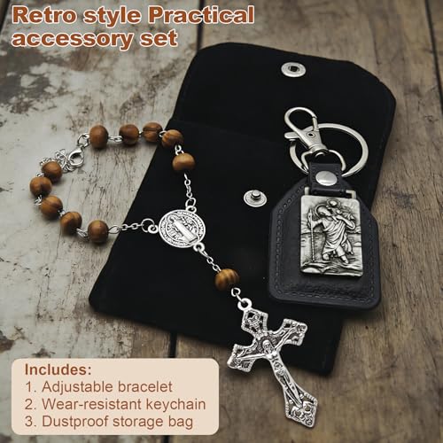 Rosenkranz Auto Innenraum, Holzperlen Gebetskette mit Rosenkranz & Kreuz als Rückspiegel Anhänger & Armband, Set mit Christopherus-Motiv Schlüsselanhänger & Samtbeutel, Geschenk für Männer Frauen - Image 5