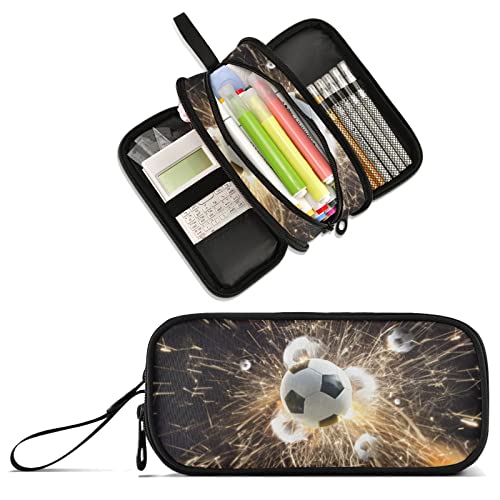 Image of Soccer Ball Large Capacity Pencil Case Pencil Pouch Pen Box | 3 Compartment Large Storage Pencil Bag for Adults School Office Teen Girl Boy Men Women