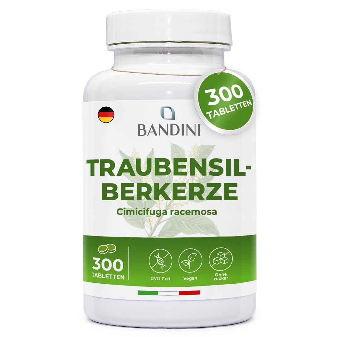 Bandini® Traubensilberkerze 300 Tabletten | Cimicifuga racemosa oder Actaea racemosa Hochdosiert mit 300mg pro Tagesdosis | Trauben-Silberkerze Extrakt | Black Cohosh | Natürlich und Vegan Supplement