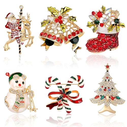 SEPGLITTER Julbrosch, 6 stycken julbroscher kristalll julpynt julgran jultomte renbrosch för ryggsäckar hattar jackor dekoration, 6 verschiedene Größen, Zink Strass, Zinklegering