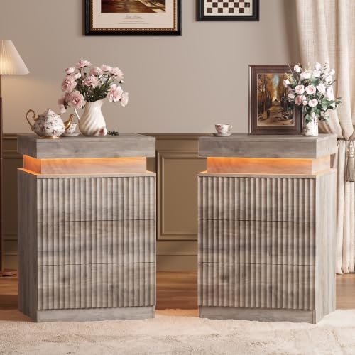 Image of Nightstand Set of 2 with Charging Station and RGB Lights, Grey | RGB Lights, 3-Drawer Storage, Hidden Slide Top, Mid Century Modern, Fluted Design, Bedside & End Table, Set of 2 for Bedroom
