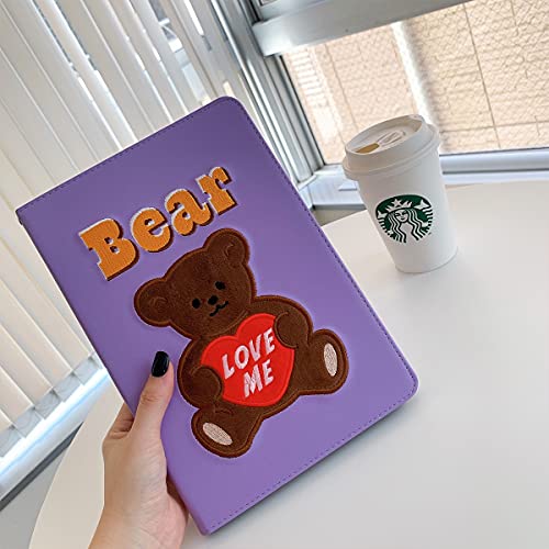 iPad iPadAir アイパッド エアー タブレット ケース カバー シリコン 韓国 傷防止 手帳型 ブック式 スタンド かわいい 大人 お揃い スマイル フラワー くま(iPadAir4 パープル)