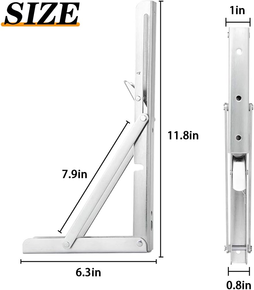 Folding Shelf Brackets, Heavy Duty Metal Triangle Shelf Bracket, DIY Bracket Folding Shelf Hinge Wall Mounted, Max Load: 150lb, for Table Work Bench Space Saving, Pack of 2 (12 Inch, Stainless Steel)