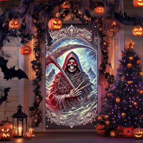 Image of BlissYard Door Cover Grim Reaper 35x71 Inch Polyester | Door Banner, Wall Decor | Grim Reaper Entry Accent, Gothic Scene Backdrop | Porch, Hallway, Party (Gothic Art)