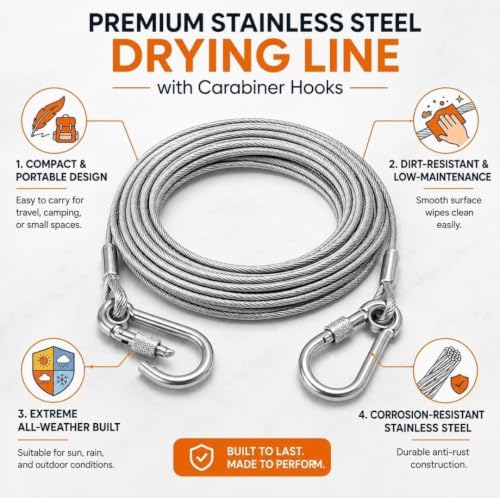 Image of 10 Meter Stainless Steel Clothesline Rope with Carabiner Hooks | Heavy-Duty Rust-Resistant Cloth Drying Wire | Strong Hanging Dori for Balcony, Bathroom, Terrace, Indoor & Outdoor Use