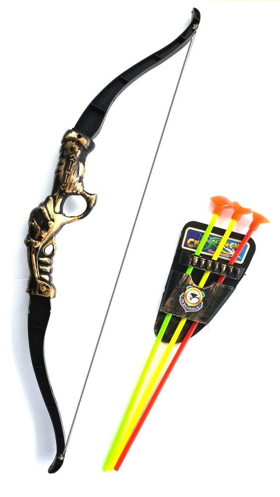 slytek super shoot archery play set with plastic bow and 3 suction dart arrows with stand and sward for kids game toy- Multi color