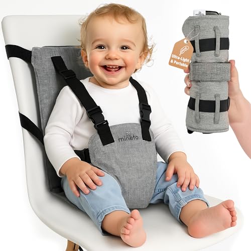 Mineto Chaise Nomade Bebe Portable Ultra-Légère, Harnais Sécurisé 3 Points, Rehausseur chaise enfant de voyage Facile à Transporter, Siege Bebe Assis de 6 Mois à 3 Ans, Lavable et Universel Gris
